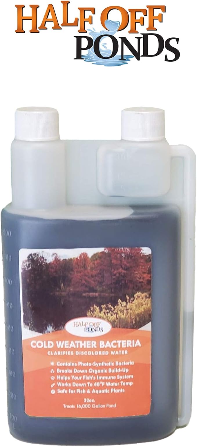 Cold Weather Pond Bacteria Treatment with Enzymes, 32 oz | Cold weather formula, breaks down sludge and fish waste, activates at 48°F, fish and plant safe, boosts beneficial bacteria