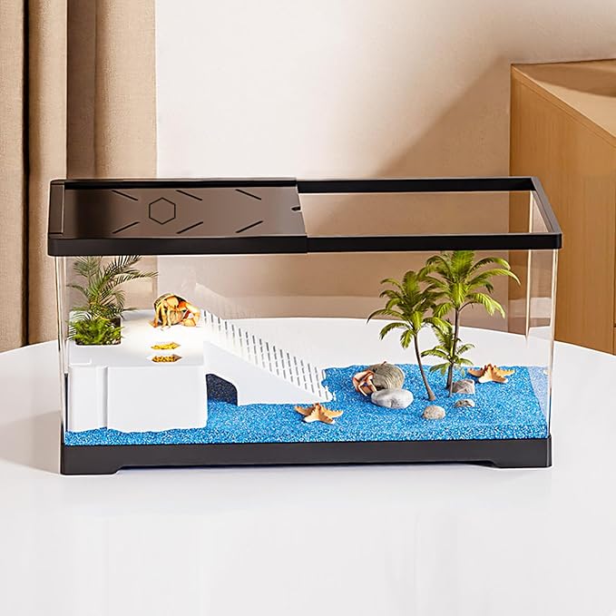 Turtle Fish Tank with Basking Platform and Bottom Drainage, 15.8" x 8" x 8.8" Aquatic Turtle Tank for Juvenile Turtle, Crayfish, Crabs, Amphibians, Reptiles, PC Material, Black Color
