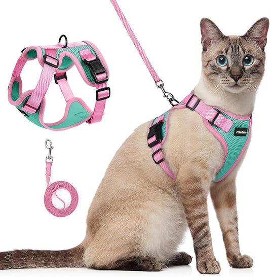 rabbitgoo Cat Harness and Leash Set, Escape Proof Soft Adjustable Vest Harnesses for Outdoor Walking, Easy Control Breathable Kitten Jacket with Reflective Strips, Green & Pink, S