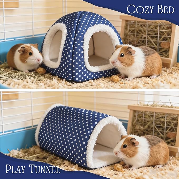 Guinea Pig Hideout and Play Tunnel Set, Washable Fleece Bed for Dwarf Rabbits, Bunnies, Chinchillas, Small Animal Toys - Blue Dot