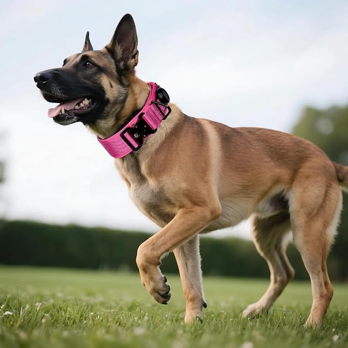 AirTag Dog Collar, 2" Wide Tactical Military Dog Collar with AirTag Holder & 3 Pet Patches, Soft Padded Reflective Waterproof Nylon Collar with Metal Buckle for Large Dogs (Hot Pink, L)