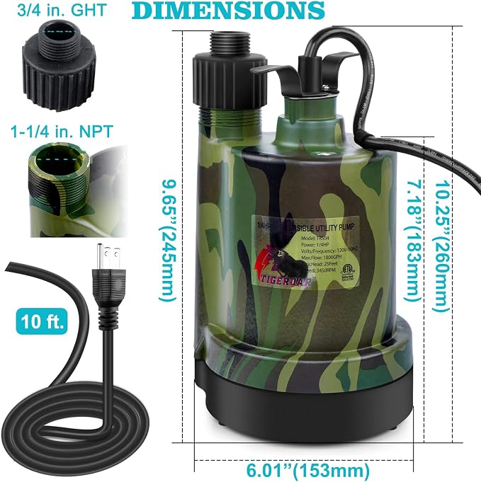 TIGEROAR 120V Submersible Pump 1/4 HP Water Transfer Pump 1800 GPH | Electric Pond Pool Pump Utility Pump with 10 ft. Cord Anticorrosive Plastic Housing and Hose Adapter for Transferring Water