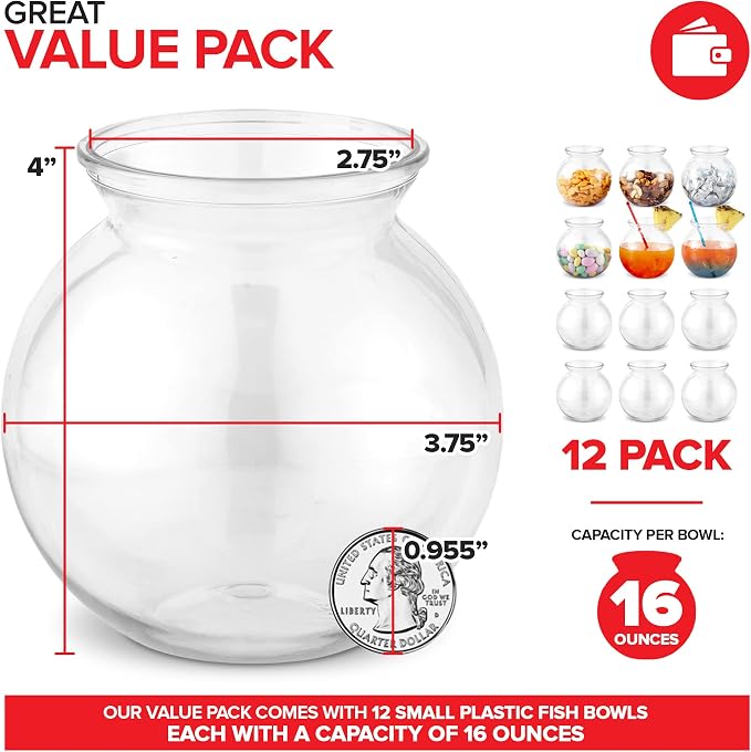 Small Round Plastic Fish Bowls for Parties (12 Pack) 16 oz Clear Mini Drink Bowl, Shatterproof Fishbowl Glasses for Drinks, Centerpieces, Decorations, Goldfish Pond Carnival Game, Centerpiece Vases
