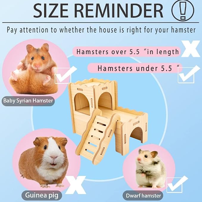 Natural Wood Hamster Habitat Hideout Cage Accessories, Maze Cabin with Fun Slide & Double-Decker House, Exercise Toys for Dwarf Hamsters, Gerbils, Mice,Other Small Animals(Only for Small Hamster C)