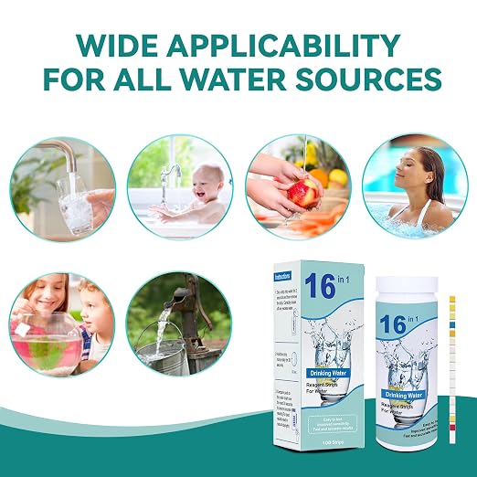 Drinking Water Testing Kits(100 Strips)-16 in 1 Well&Household Tap&Natural Water Quality Test with Hardness,Chlorine,Copper,Iron,Lead,pH,Etc.