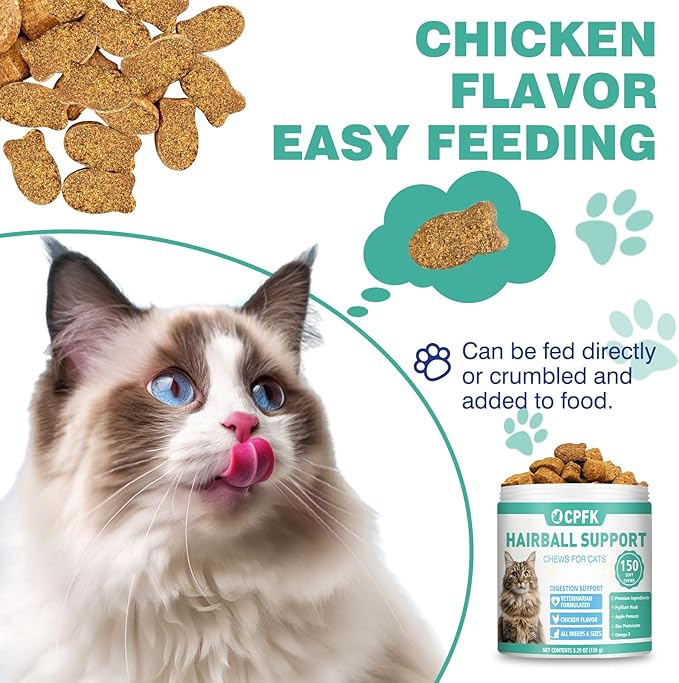 Cat Hairball Remedy Treats, 150 Soft Chews Cat Hair Ball Treatment Furball Control Relief Helps Eliminate and Prevent Hairballs for Indoor Cats Supports Skin and Coat Digestion Chicken Flavor