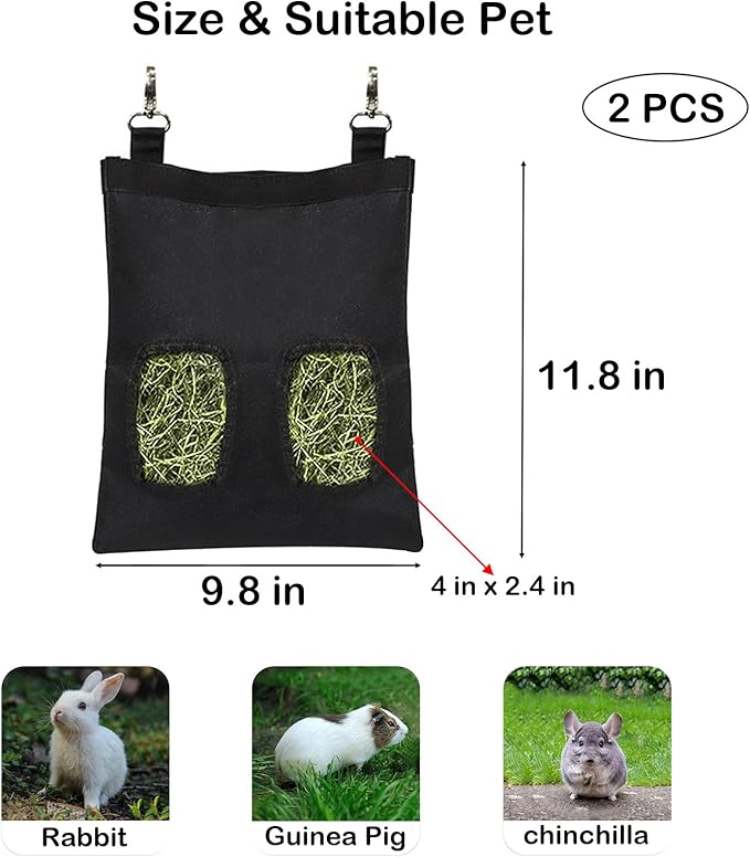 Rabbit Hay Feeder Bag, Large Capacity Rabbit Hay Bag Small Animal Hanging Hay Bag 600D Oxford Cloth Bunny Hay Feeder Bag for Rabbits Guinea Pigs Chinchillas (Black-2 Holes-2Pcs)