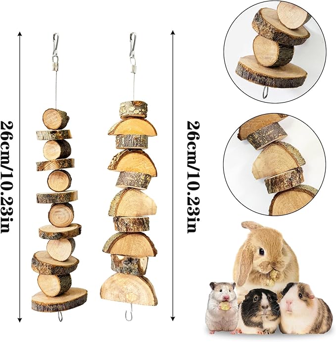 4 Pack Small Animal Chew Toys, Natural Apple Wood Sticks Hanging Chew String for Hamsters, Rabbits, Chinchillas, Guinea Pigs - Dental Molar Treats & Cage Accessories