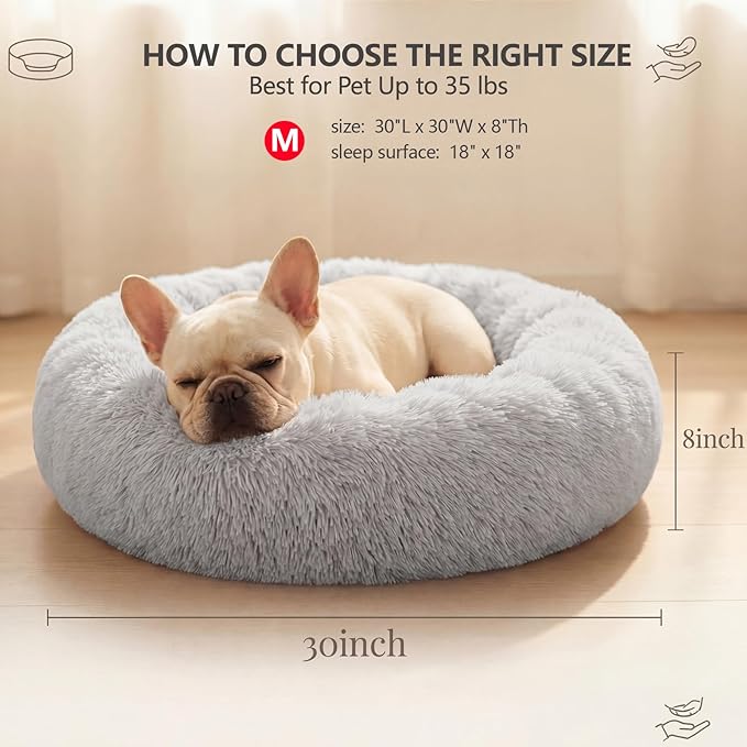 Calming Dog Bed for Medium Dogs Washable Donut 30 inches Anti-Slip Pet Bed,Round Fluffy Plush Faux Fur Cat Bed,Fits up to 45 lbs Pets,Grey