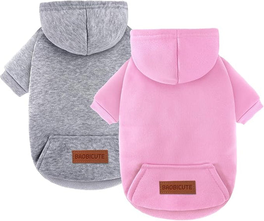 2 Pack Dog Hoodie Warm Hood Dog Sweater Cold Weather Small Dogs Sweatshirt Comfort Pet Clothes for Small Medium Dogs with Pockets (Grey+Pink, XS (Back: 7.5",Chest: 12.6", 1.8-3.5lbs))
