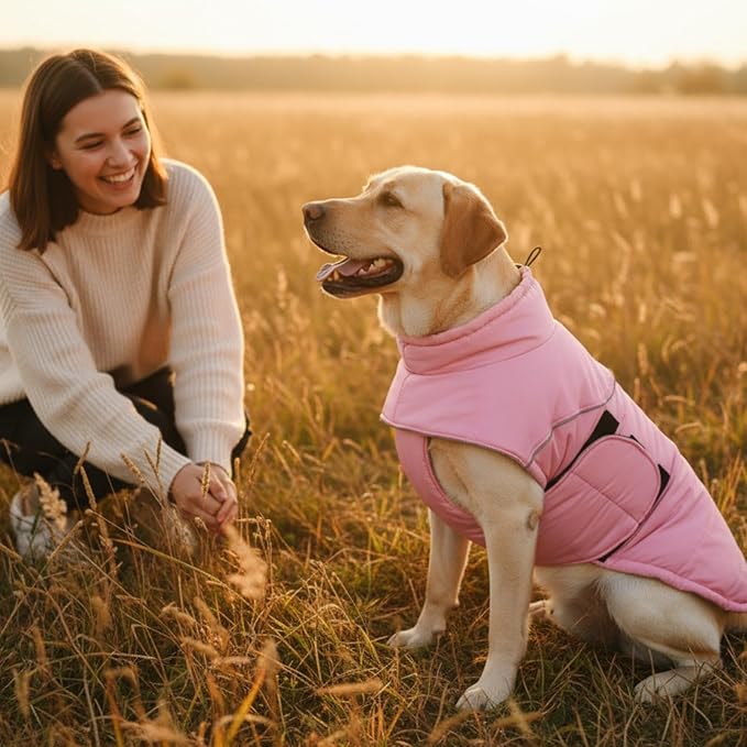 ASENKU Extra Warm Dog Coat - Winter Fleece Jacket with Reflective Stripe, Zippered Leash Hole for Medium Dogs (Pink, M)