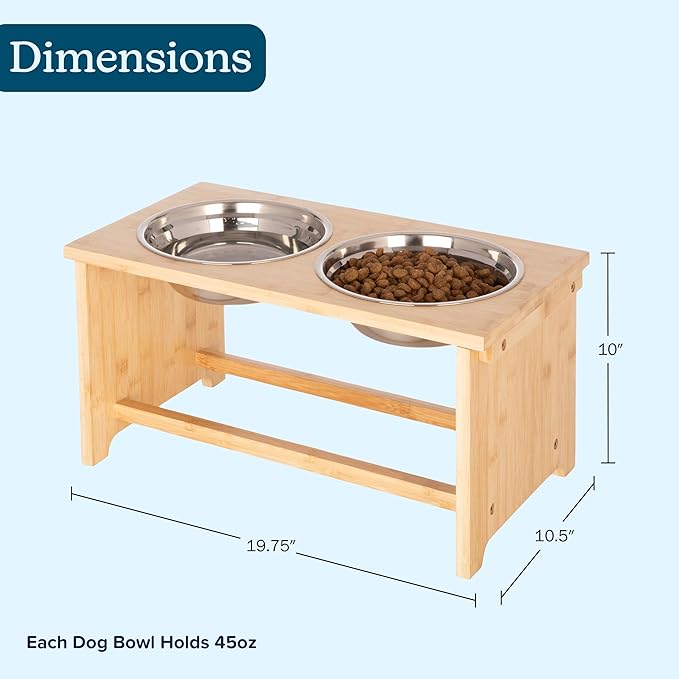 Elevated Dog Bowls - 10-Inch Tall Bamboo Raised Dog Bowl Stand with Nonslip Feet - Comes with Two 45oz Removable Dishwasher Safe Stainless Steel Pet Bowls - Puppy Essentials by PETMAKER