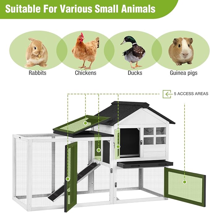 Rabbit Hutch Indoor or Outdoor, Wooden Bunny Cage with Chew-Proof Ramp, Mobile Rabbit House with Wheels, Guinea Pig Cages with Leakproof Tray and Waterproof Roof (White)