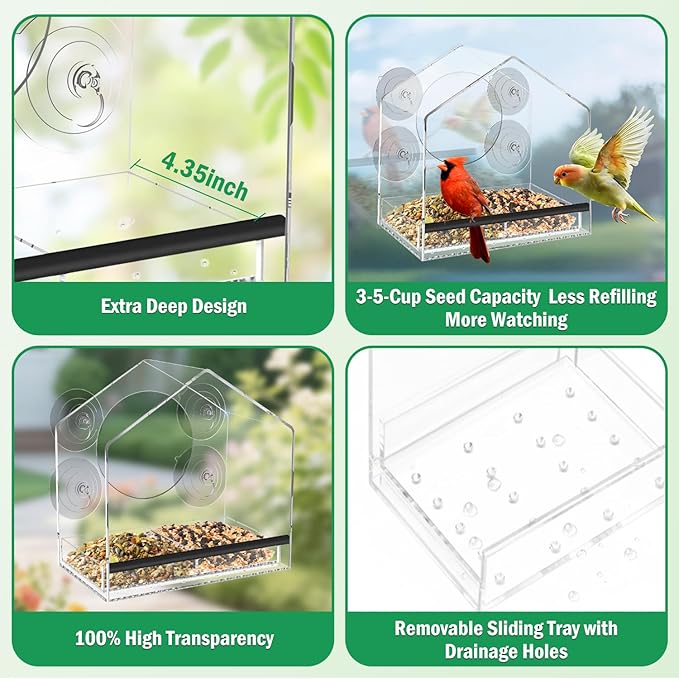 Window Bird Feeder with 4 Extra Strong 2.36'' Suction Cups - 4.35' Extra Deep Removable Tray for Large Capacity, Clear Birdhouse for Outside Viewing, Gift for Cardinals, Finches & Bluebirds