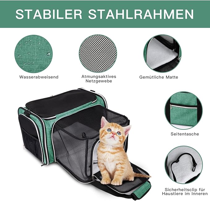 BAGLHER Expandable Cat Carrier with Travel Litter Box, Pet Travel 5 Sides Open Doors 3 Sides, Leak-Proof and Collapsible, for Car, Airplane Trip, Green