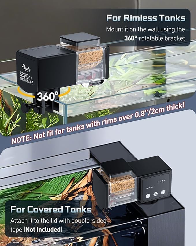 Pawfly Automatic Fish Feeder for Aquarium, 85 mL Auto Fish Feeder Automatic Dispenser, Adjustable Auto Fish Food Dispenser with Timer, Fish Food Vacation Feeder, Battery Operated (Not Included)