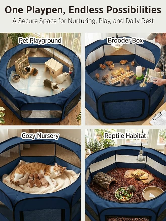 UWE Extra Large Small Animal Playpen, XL Portable Pet Playpen for Rabbit, Kitten, Guinea Pig, Hamster, Puppy – Waterproof Foldable Mesh Tent with Zipper Cover, Indoor Outdoor Use, Blue