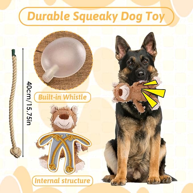 MAXBECK Dog Companion for Heavy Chewers- Indestructible Robust Bear Dog Toy, Resistant Squeaky Dog Toys for Heavy Chewers, Unbreakable Stuffed Plush Dog Toys for Aggressive Chewers (B-Oak)