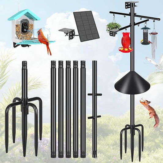 Gtongoko Squirrel Proof Smart Bird Feeder Pole for Outdoors 107 Inch 1 Inch Diameter Bluebird House Pole with 2 Platform and 8 Hooks for Bird Feeder with Camera Adjustable Heavy Duty Mounting Pole