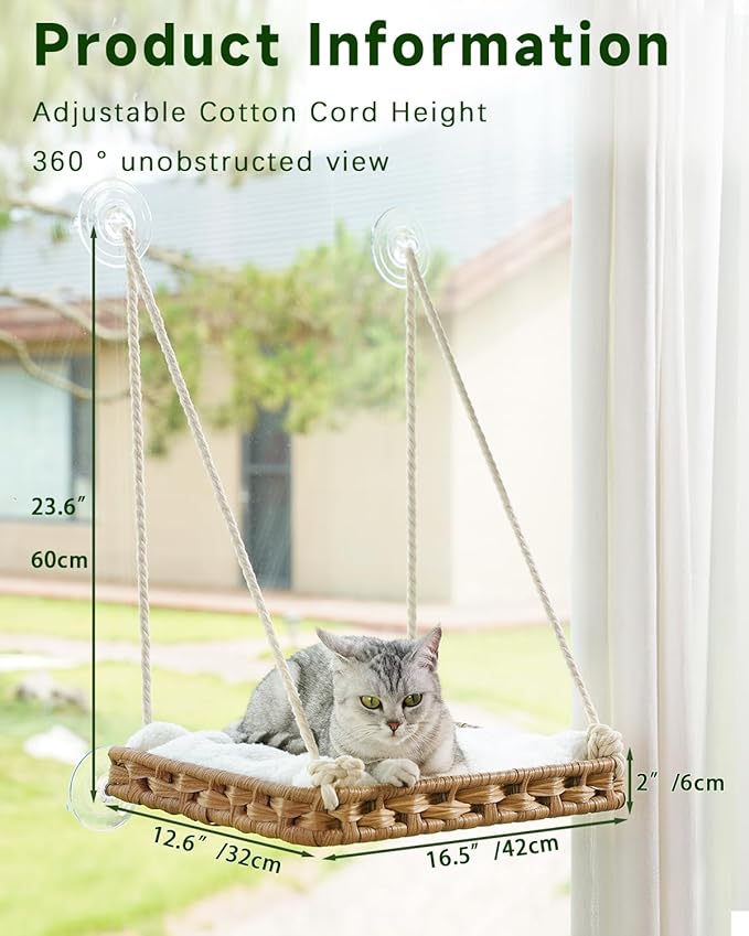 SETVSON Cat Window Perch Cat Window Hammock Bed for Indoor Cats, Large Handwoven PE Rattan Window Seat, 4 Suction Cups, Double Sided Washable Cushion Bed, 2.3 Inch Fence Shelf, for Pet Kittens Natural