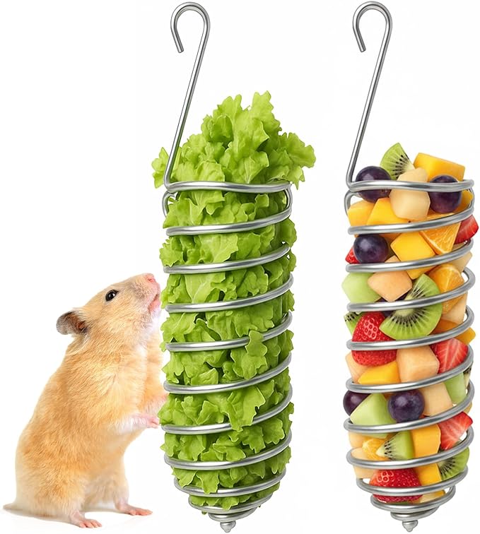 2Pcs Rat Enrichment Toys Stainless Steel Bird Food Holder Rat Parrot Foraging Toy Hanging Rodent Toy Fruit Vegetable Holder Puzzle Toys Slow Feeder Parakeet Foraging Mice Cage Accessories