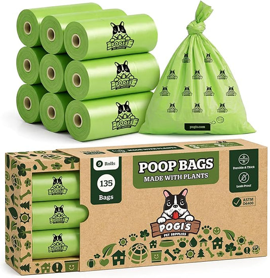 Pogi's Compostable Poop Bags – Leak-Proof, Extra-Large, Made with Plants – 9 Rolls (135 Bags)