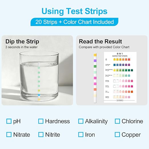 Water Test Kit - TDS Meter, 20 Test Strips (8 in 1), User Action Guide & 2 Record Sheets. Digital Water Tester for Home, Tap & Well Drinking Water.