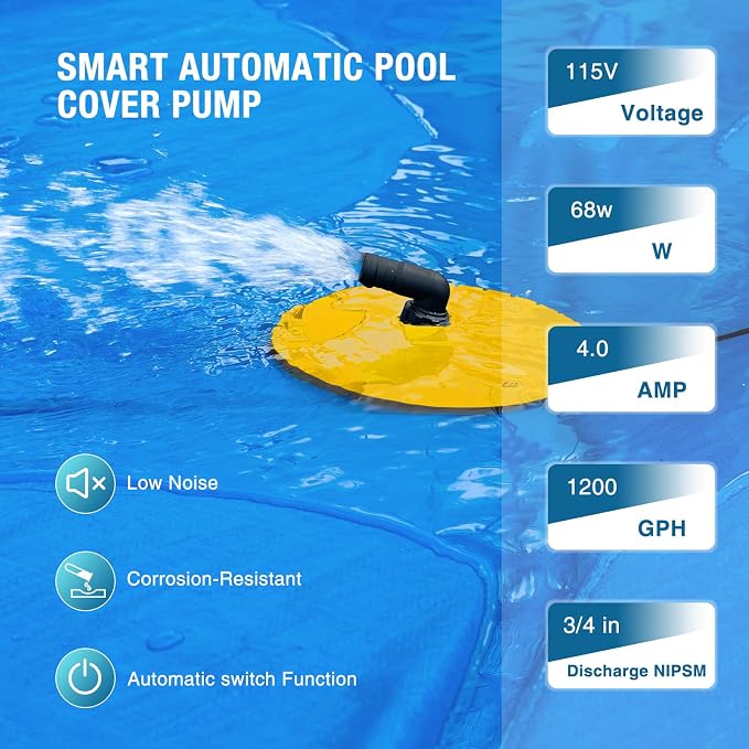 Crestwave Automatic Pool Cover Pump, 115V Submersible Water Pump for Pool Draining, 25FT Power Cord, 1-Year Warranty, Water Removal for Swimming Pool, Hot Tub, Fish Tanks, Pond, 2 Adapters, Yellow