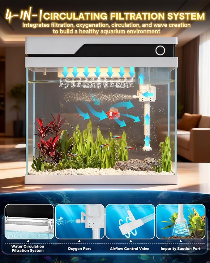 Vehipa Fish Tank, Smart Fish Aquarium Kit 7 Gallon | with Auto Feeder, Humidifier, 4-in-1 Silent Pump, Adjustable Lighting & Temperature Display for Desktop, Office, Room