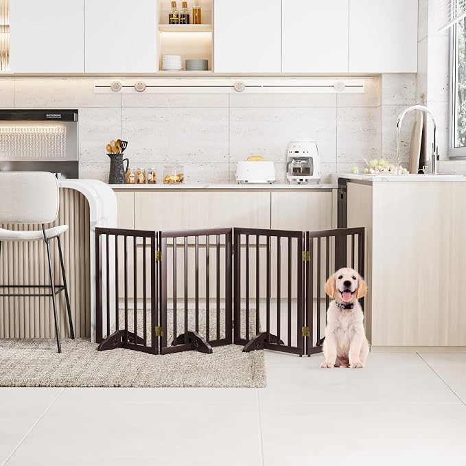 Semiocthome Freestanding Dog Gates for The House Extra Wide with 4 Panels and 4 Support Feet, 24" H Foldable Pet Gate for Stairs, Wooden Expansion Doggy Gates for Doorways, Fit Opening Up to 74" W