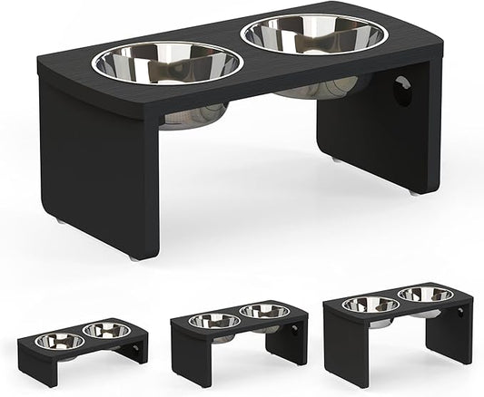 Elevated Dog Bowls, Waterproof Raised Dog Bowl for Medium Dogs, HIPS Poly Lumber Stand with 2 Stainless Steel Bowls, Indoor & Outdoor Use (7'' Tall-40 oz Bowl, Black)