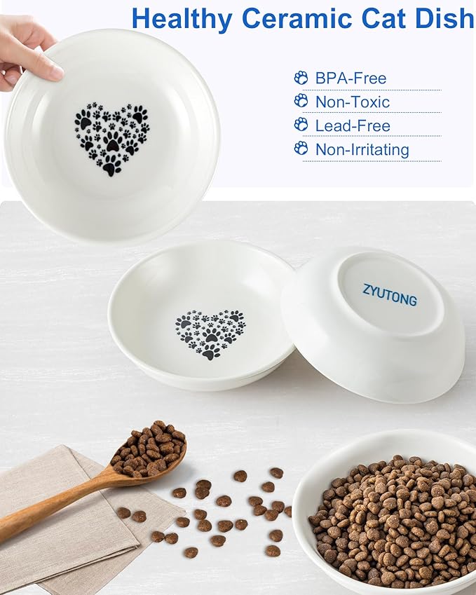 Ceramic Cat Bowl Whisker Friendly – Wide Shallow Cat Food Dish with Non-Slip Base, Dishwasher Safe Feeding Bowl for Indoor Cats