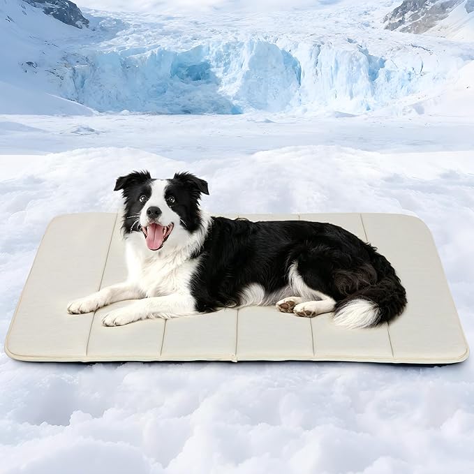 Cooling Dog Mat Q-Max>0.5 - Rapid Cooling Tech, Thin Breathable Crate Pad, Portable Washable Summer Mat, Chill Soothing Fabric - 35"x23" Large Dog, Dark Beige