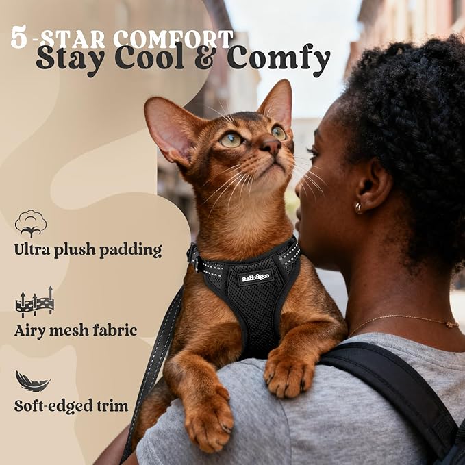 rabbitgoo Cat Harness and Leash, Escape Proof Vest with 3 Adjustable Buckles, Soft Comfortable Kitten Harness, Easy to Wear, Reflective for Safe Outdoor Walking, XS, Black