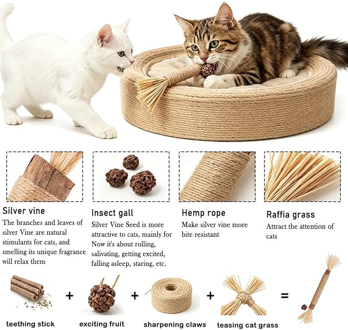 Natural Silvervine Dental Sticks, Silver Vine Sticks Cats with Raffia, Chew Sticks for Cats, Cat Chew Rope for Enrichment Pet Supplies, Calm Cat Boring (6PCS)