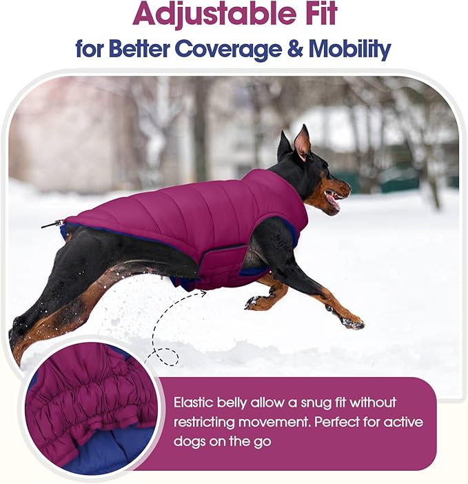 QBLEEV Reversible Dog Coat for Medium Dogs, Waterproof Windproof Winter Jacket Keeps Dogs Warm in Snow, Adjustable Hook & Loop Lightweight Dog Puffer Vest, Purple, L – Fits French Bulldog