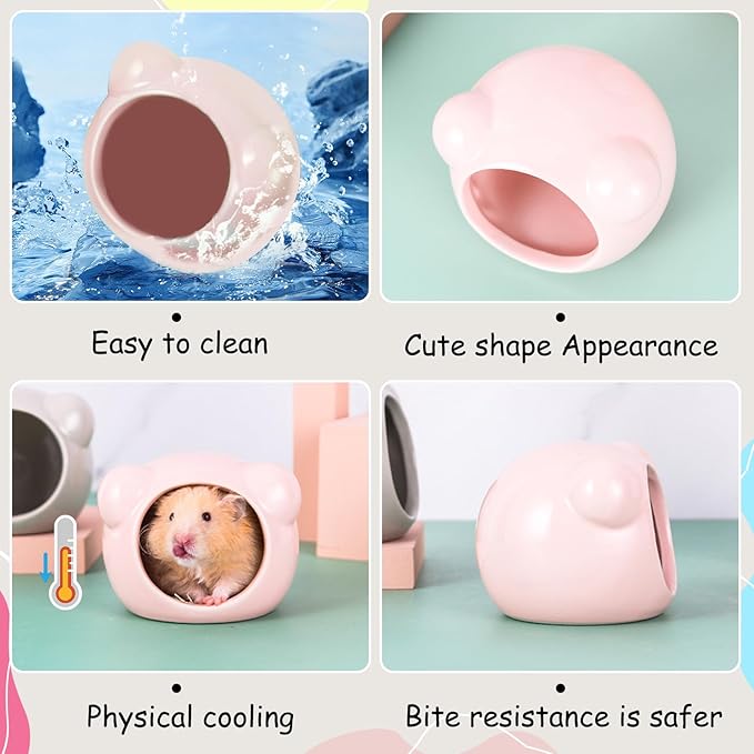 Ceramic Hamster House, Cute Animal Shaped Hamster Cave, Summer Cool Small Animal Hideout Habitat Decor for Dwarf Hamsters (Pink)