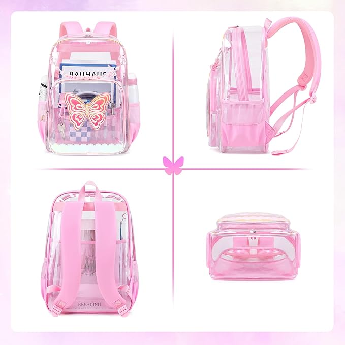 MUSEVOS Clear Backpack, Clear Bookbag for School PVC Heavy Duty Transparent Backpack for Girls, Pink Butterfly