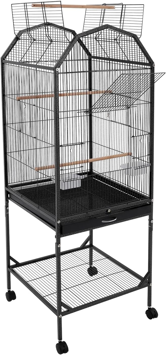 53.5 Inch Iron Bird Cage, Large Parakeet Cages with Play Open Top and Rolling Stand, Bird House with Detachable Stand and Pull-Out Tray for Cockatiels, Parrots, Lovebirds, Canaries (Black, Style B)