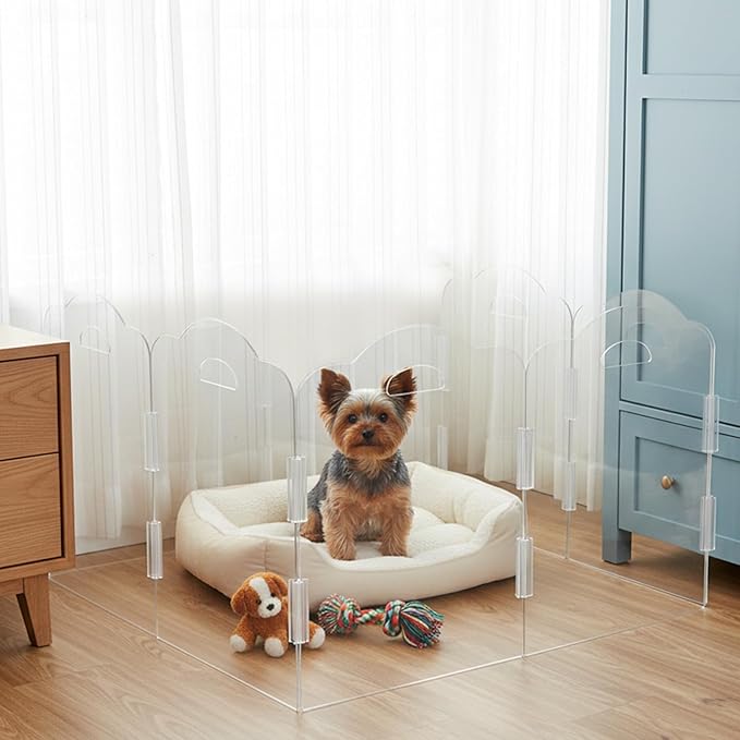 Transparent Acrylic Dog Gate Indoor, Free-Standing Pet Gate, 16" Height (Size S) Foldable 6 Modular Panels, Dog Fence for Doorways, Hallways, Stairs, No Drilling, Perfect for Puppies and Small Pets