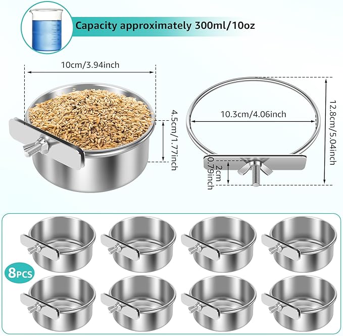 8 PCS Stainless Steel Bird Feeding Bowls, Bird Water Bowls with Clamp Holder, Parrot Food Dish Cups,Parrot Cage Coop Feeders for Cockatiels,Conure,Budgies,Finches,Parakeet and Similar Birds