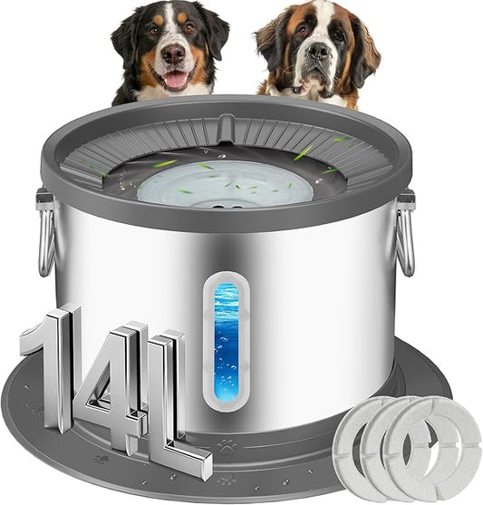 UPSKY 14L No Spill Dog Water Bowl, Stainless Steel Spill Proof Dog Bowl with Water Window, Dual-Suction Anti-Slip Large Capacity Slow Drinking Bowl with Floating Disk for Large Dogs & Messy Drinkers