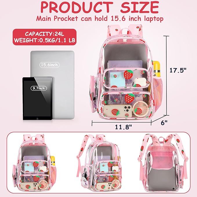CAMTOP Clear Backpack Heavy Duty Transparent Bag See Through BookBag for Student School Work Festival Sport Travel (Clear Strawberry)