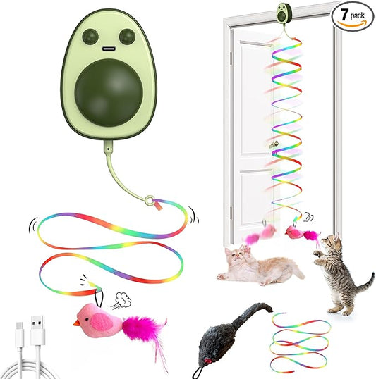 Interactive Cat Toys for Indoor Cats,Electric Flying Bird & Mouse Wand Teaser, Automatic Hanging Door Frame Chase/Hunt/Exercise Stimulate Feather Cat Toy for Bored Indoor Adult & Kitten