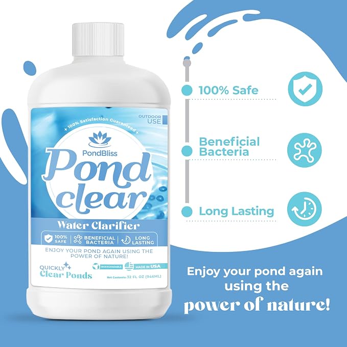 Pond Clear for Outdoor Ponds Clarifies Water and Fish Safe - 32oz | Beneficial Enzymes Reduce Pond Muck and Odors, Long Term Treatment for Large Ponds, Safe for Koi and Wildlife