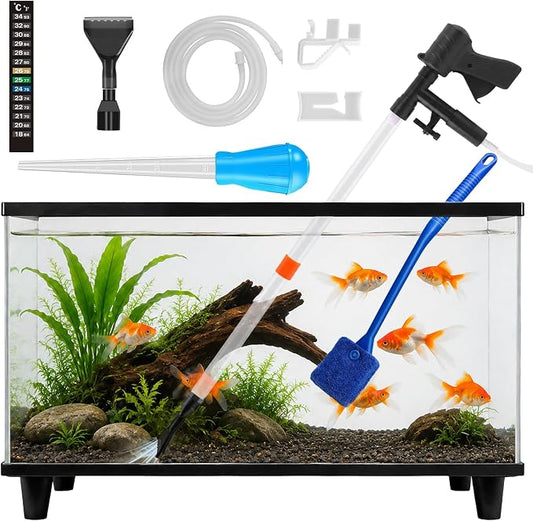 Aquarium Gravel Cleaner Kit, Semi-Automatic Siphon for Fish Tanks | Gravel & Sand Compatible Removes Fish Waste & Debris Water Change Made Easy Cleaning Brush Thermometer Strip Included