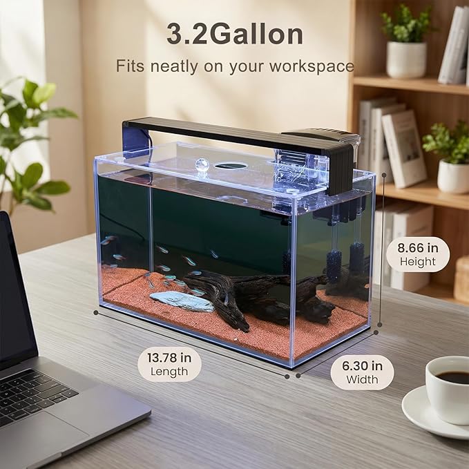 3.2 Gallon Fish Tank, Nano Nature Aquarium Kit,Small Aquarium Starter Kit,Ultra-Clear Rimless Desktop Small Aquarium with Filter and Light for Betta,Shrimp,Goldfish.Black Glass