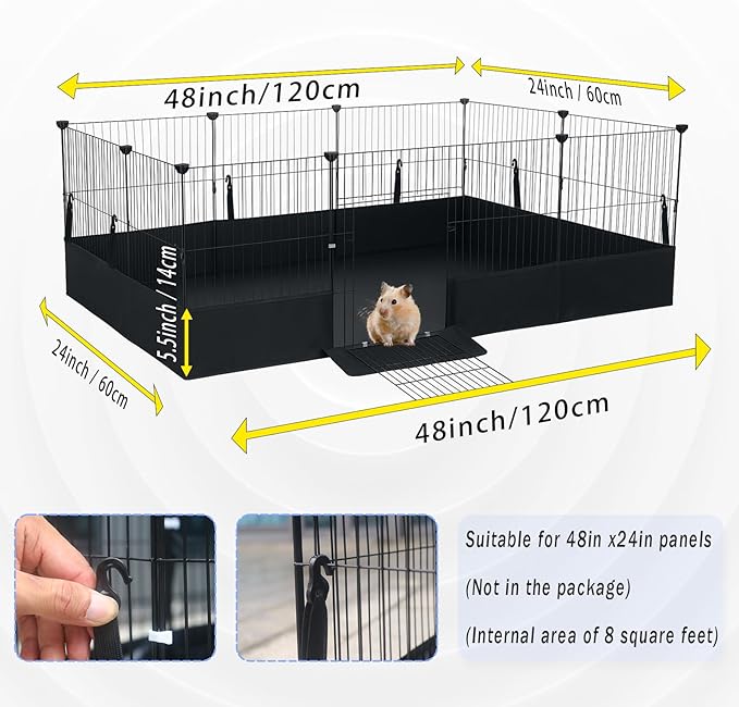 Guinea Pig Cage Liner with One-Hand Hook and Open Door Design, 48" L x 24" W, Waterproof Washable Tarpaulin Bottom, for C&C Grid, Rabbit Hedgehog Habitat Liner, Black