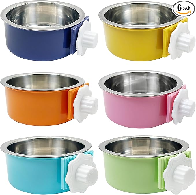 Tfwadmx 6 Pcs Crate Dog Bowl Cat Removable Stainless Steel Food and Water Feeder Hanging Cage Bowls Coop Cup with Cleaning Set for Pet Puppy Bird Rat Guinea Pig Ferret Bunny Rabbit