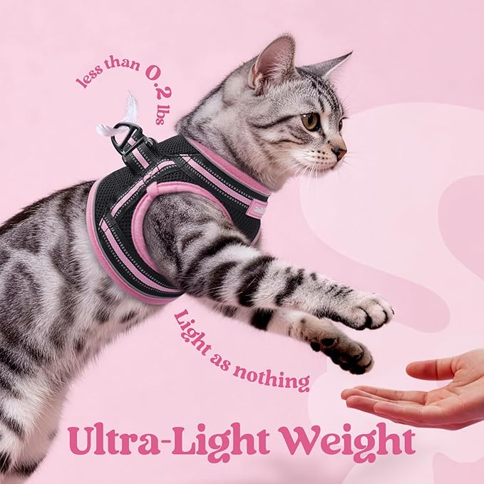 rabbitgoo Cat Harness and Leash Set for Walking Escape Proof, Adjustable Soft Kittens Vest with Reflective Strip for Cats, Comfortable Outdoor Vest, Black & Pink, L